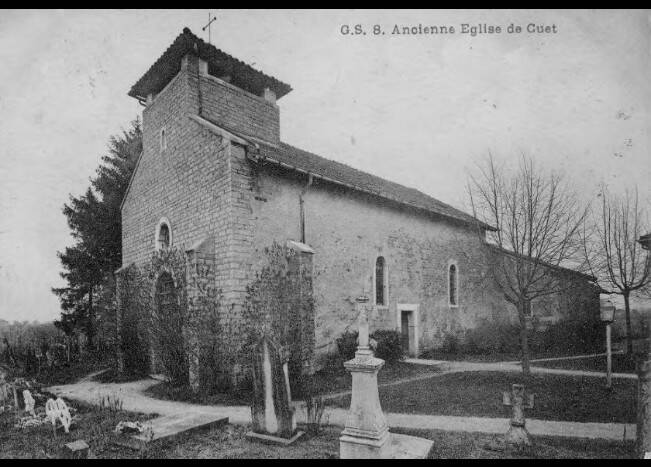 Carte postale « Ancienne église du Cuet » avec la mention « a voyagé le 14/08/1824 », AD 01